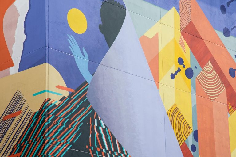 Detail of a colorful mural.